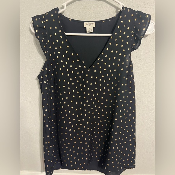 J. Crew Tops - J. Crew Size 00 Short Sleeve Black Gold Polka Dots V Neckline Ruffle‎ Sleeve